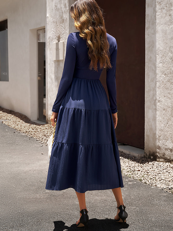 Surplice Neck Long Sleeve Smocked Waist Midi Dress BLUE ZONE PLANET