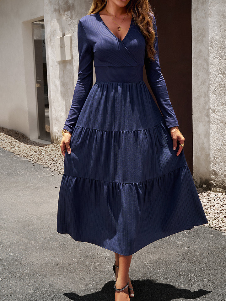 Surplice Neck Long Sleeve Smocked Waist Midi Dress BLUE ZONE PLANET