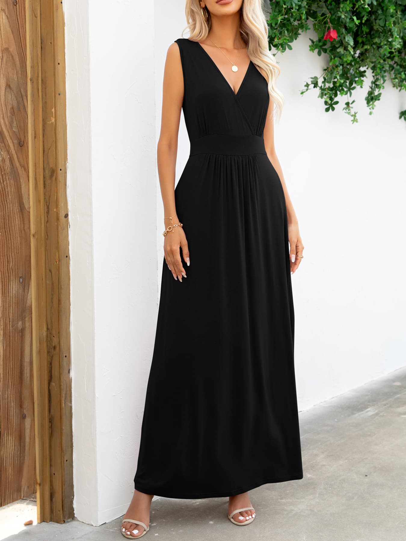 Surplice Neck Sleeveless Maxi Dress-TOPS / DRESSES-[Adult]-[Female]-Black-S-2022 Online Blue Zone Planet