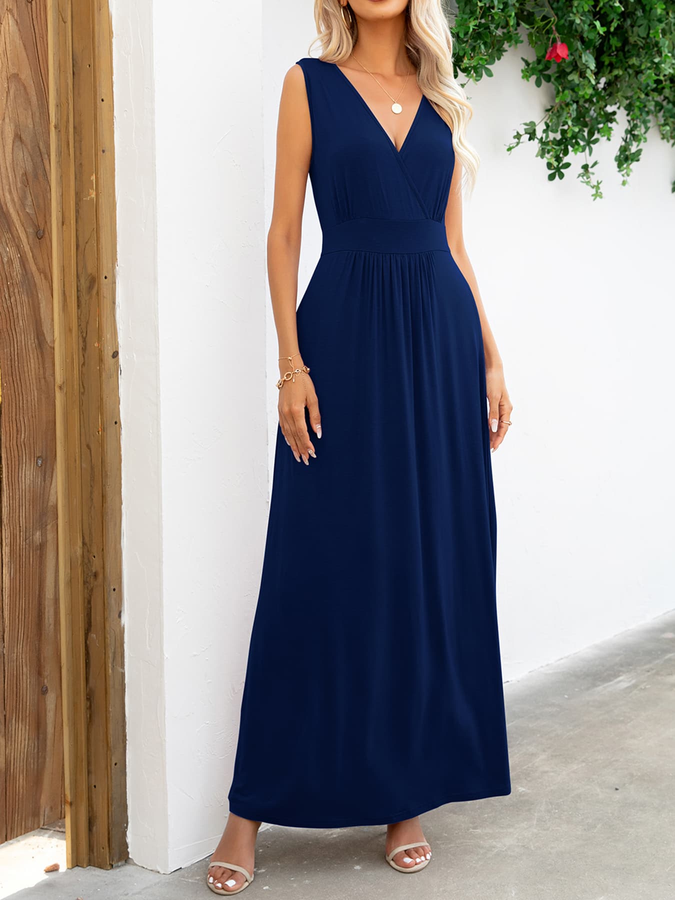 Surplice Neck Sleeveless Maxi Dress-TOPS / DRESSES-[Adult]-[Female]-Dark Navy-S-2022 Online Blue Zone Planet