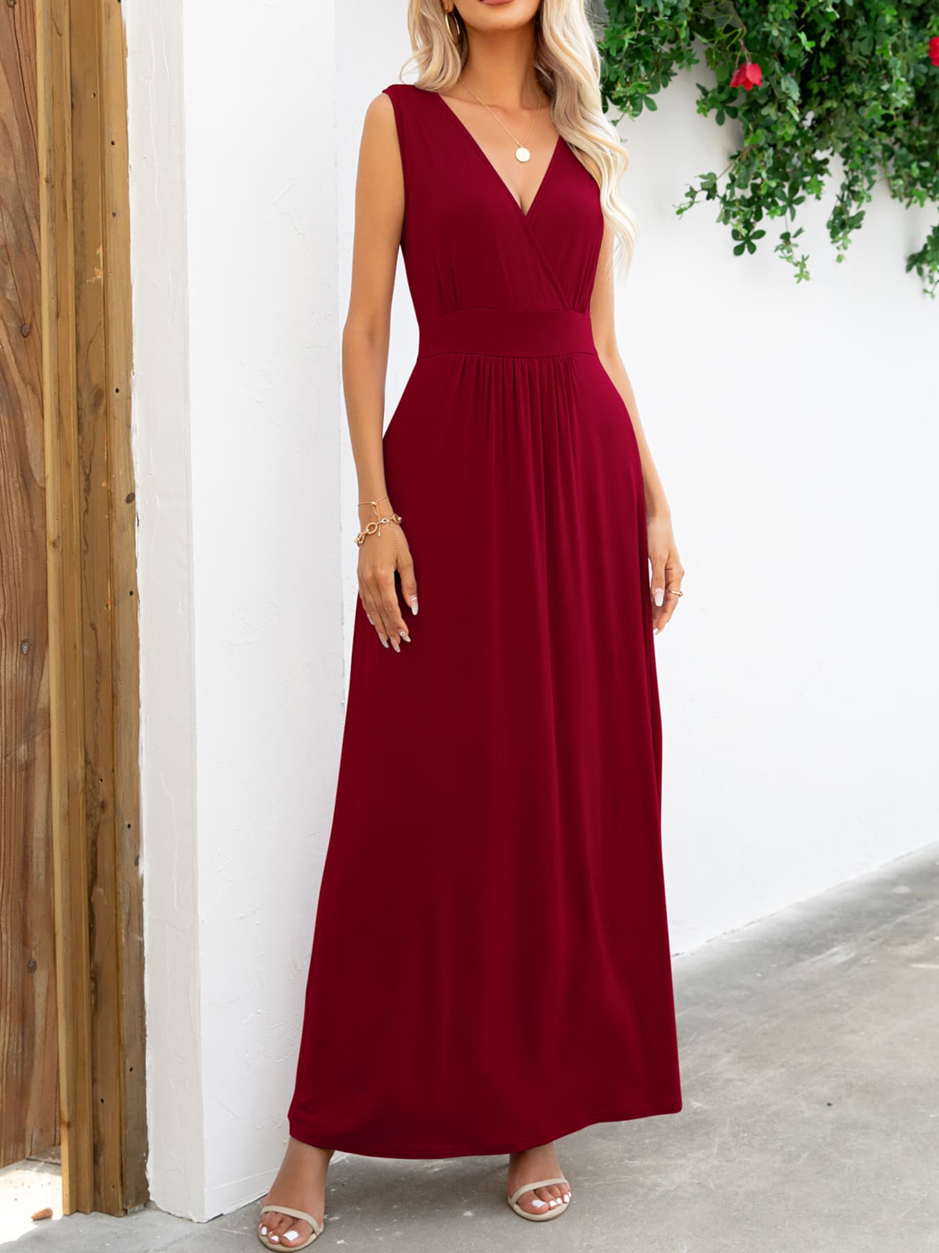 Surplice Neck Sleeveless Maxi Dress-TOPS / DRESSES-[Adult]-[Female]-Wine-S-2022 Online Blue Zone Planet