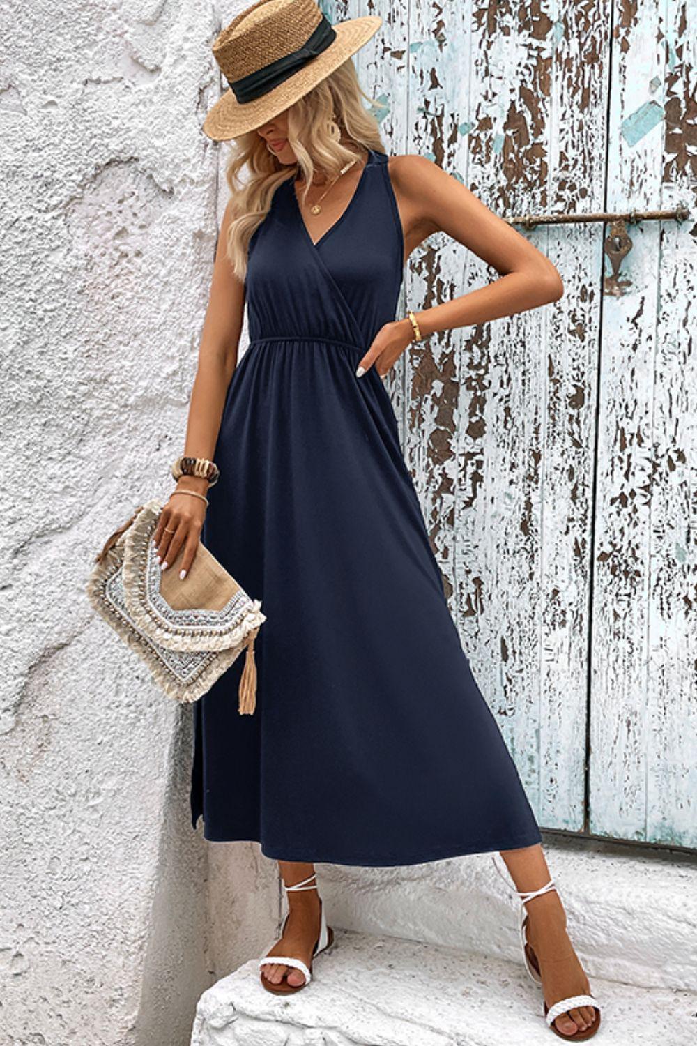 Surplice Neck Slit Sleeveless Dress BLUE ZONE PLANET