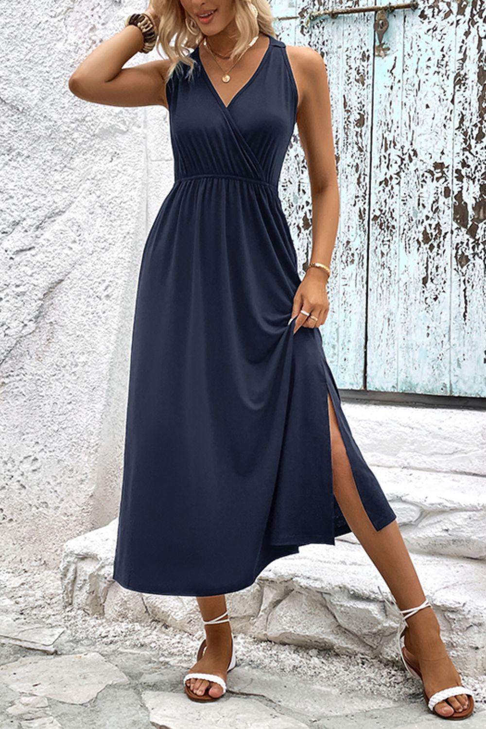 Surplice Neck Slit Sleeveless Dress BLUE ZONE PLANET