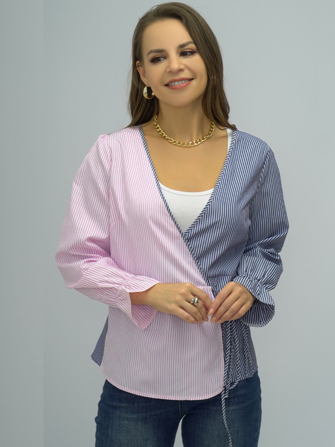 Surplice Neck Striped Long Sleeve Blouse BLUE ZONE PLANET