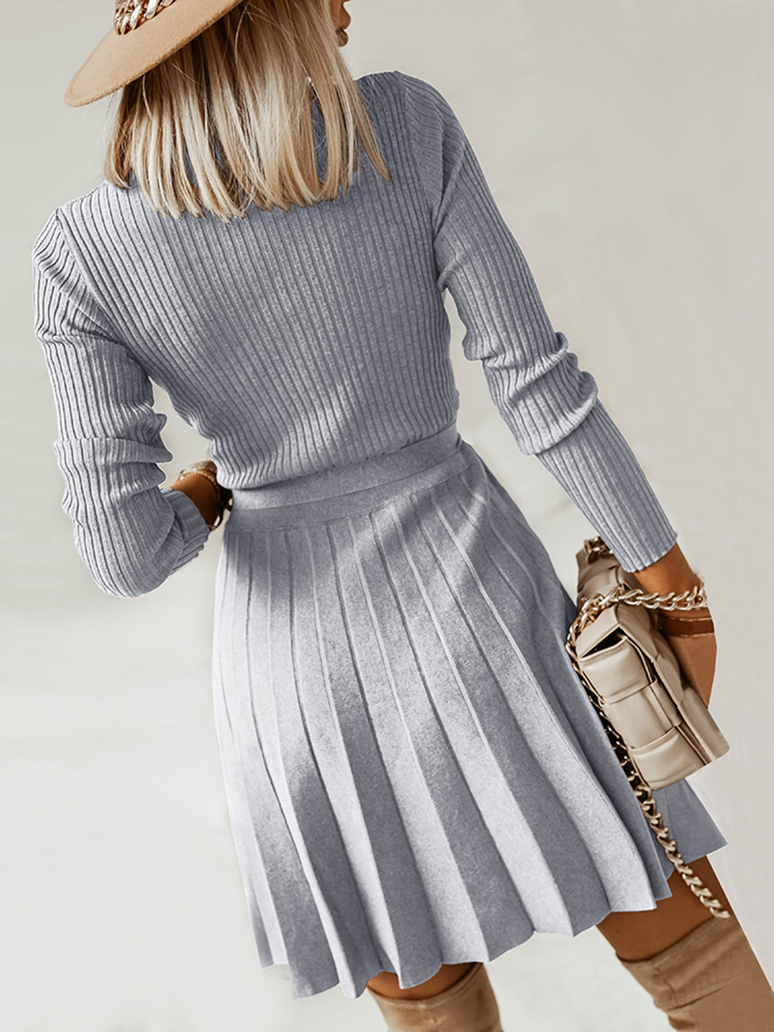 Surplice Neck Tie Front Pleated Sweater Dress BLUE ZONE PLANET