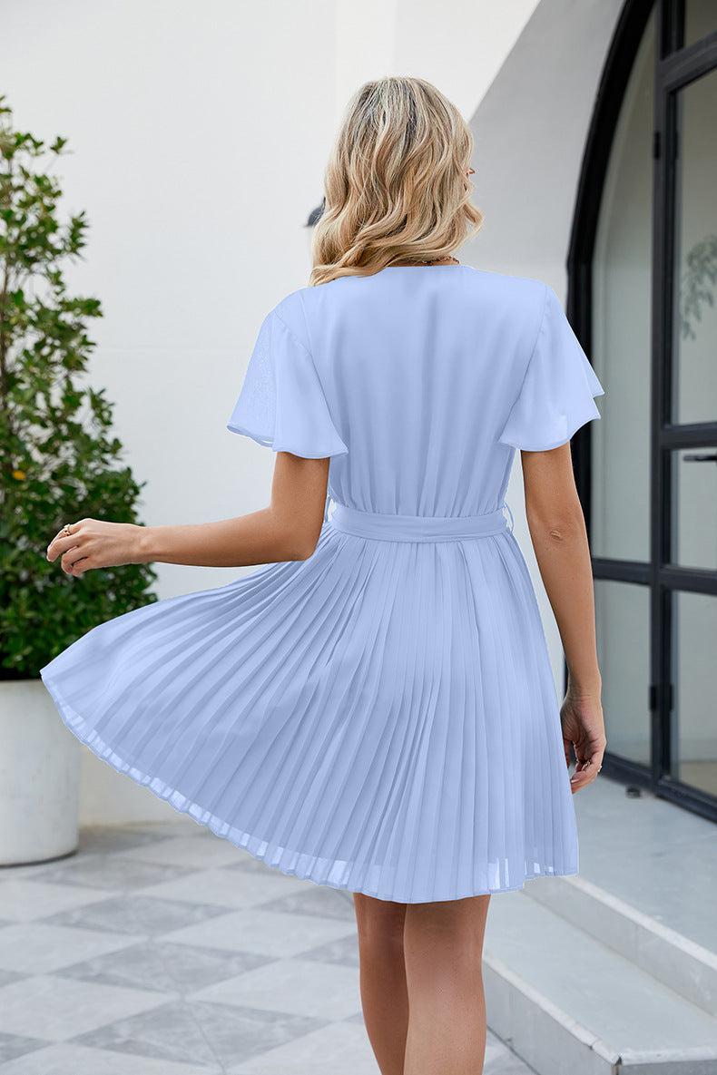 Surplice Neck Tie Waist Flutter Sleeve Pleated Dress BLUE ZONE PLANET