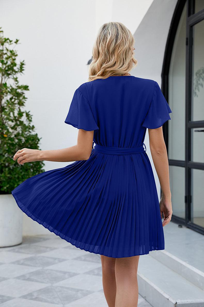 Surplice Neck Tie Waist Flutter Sleeve Pleated Dress BLUE ZONE PLANET