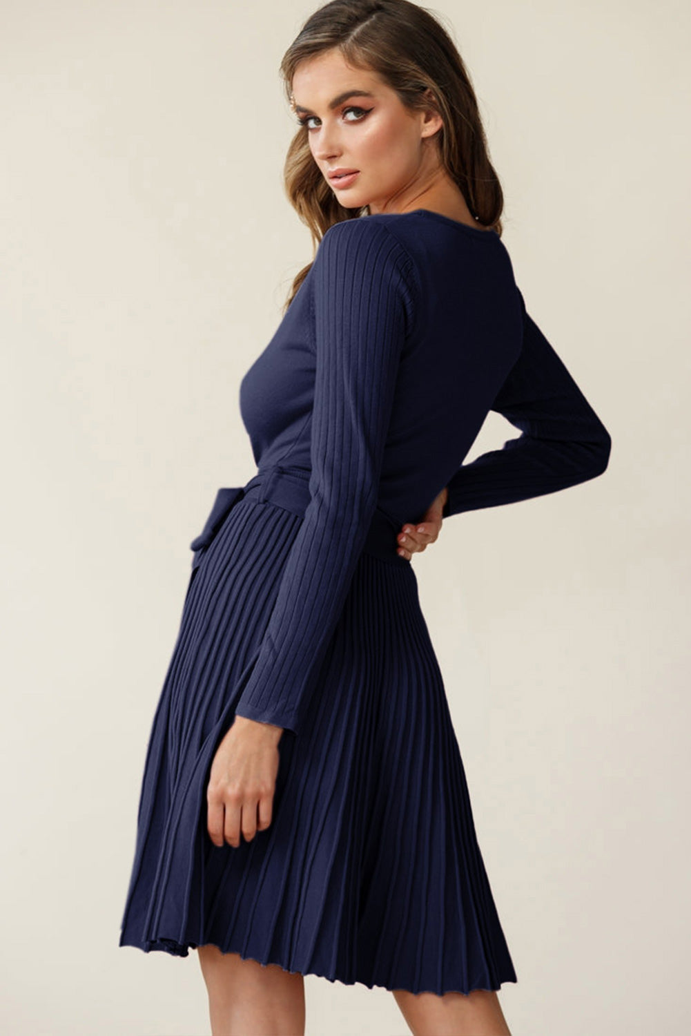 Surplice Neck Tie Waist Pleated Dress BLUE ZONE PLANET