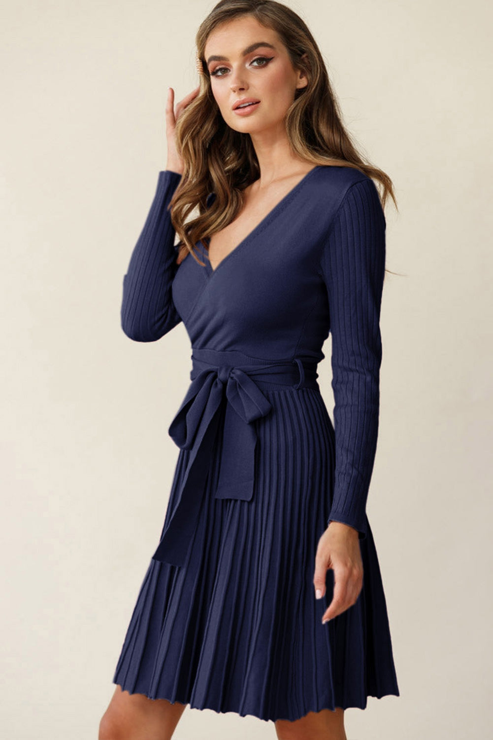 Surplice Neck Tie Waist Pleated Dress BLUE ZONE PLANET