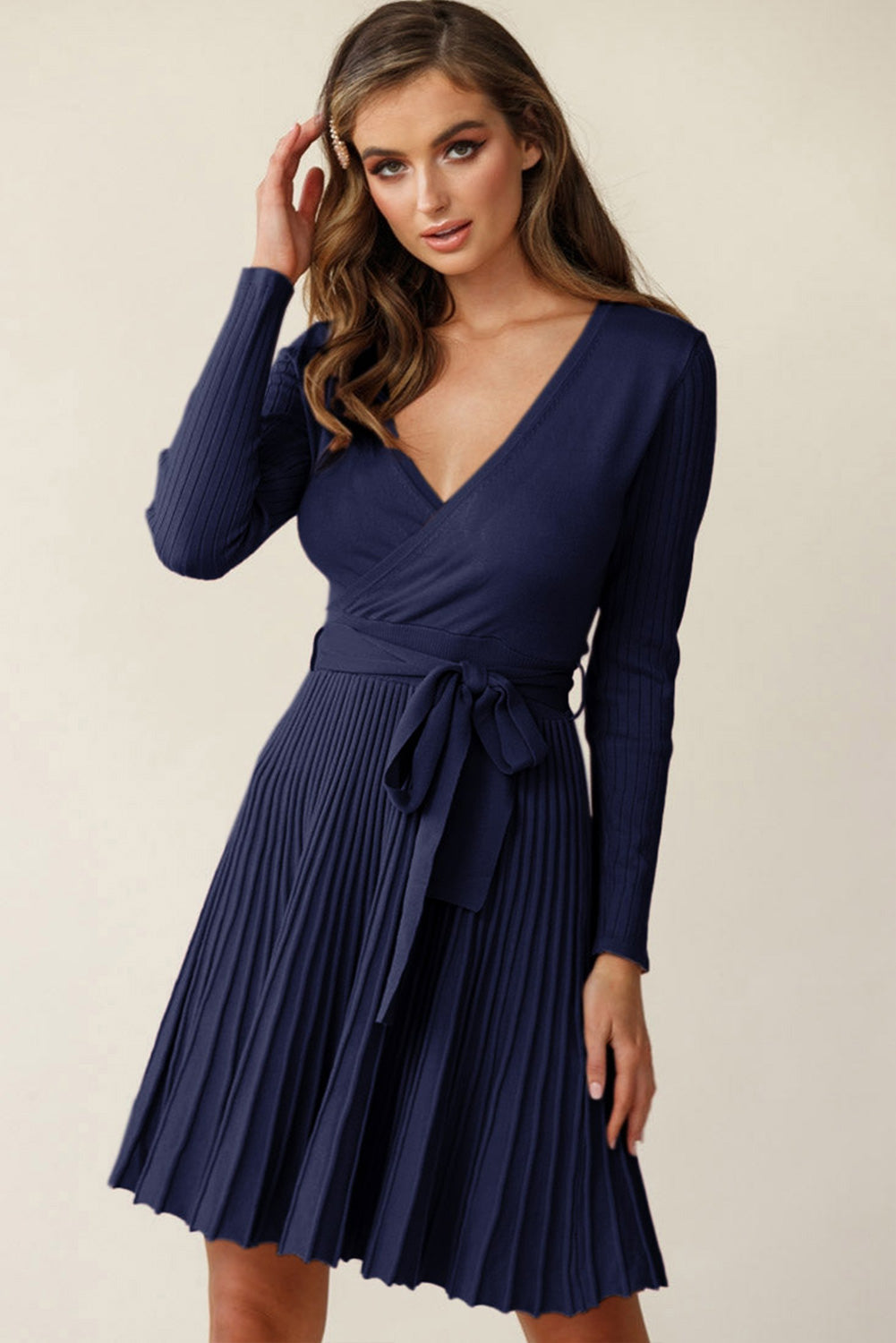 Surplice Neck Tie Waist Pleated Dress BLUE ZONE PLANET