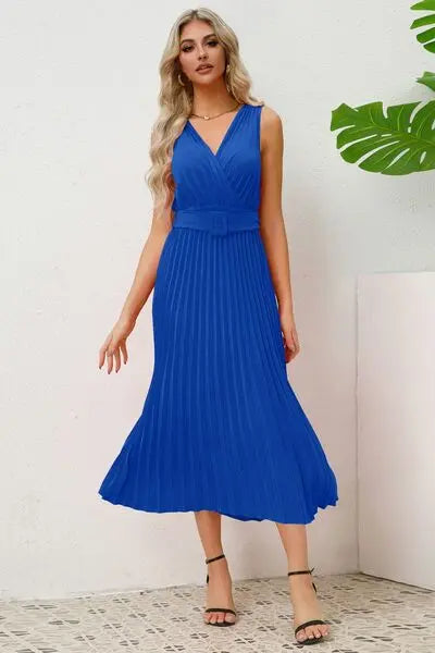 Surplice Sleeveless Midi Pleated Dress BLUE ZONE PLANET