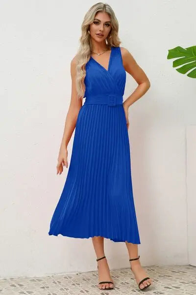 Surplice Sleeveless Midi Pleated Dress BLUE ZONE PLANET