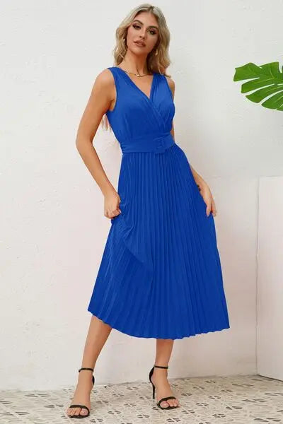 Surplice Sleeveless Midi Pleated Dress BLUE ZONE PLANET