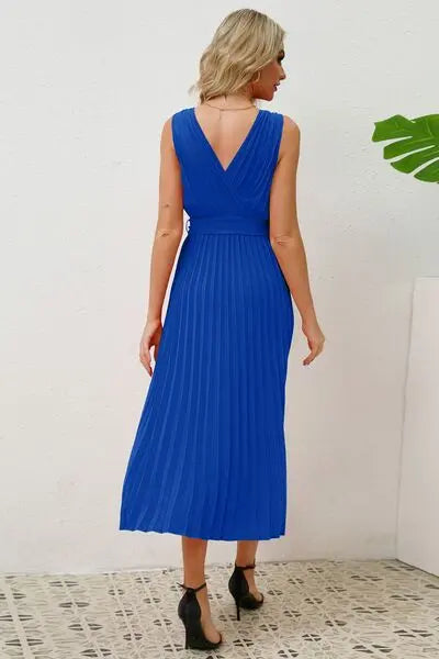 Surplice Sleeveless Midi Pleated Dress BLUE ZONE PLANET