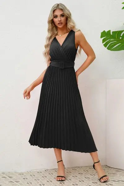 Surplice Sleeveless Midi Pleated Dress BLUE ZONE PLANET