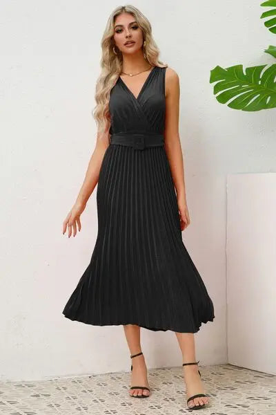 Surplice Sleeveless Midi Pleated Dress BLUE ZONE PLANET