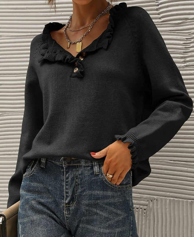 Women's Knitted Casual Long Sleeve Button Ruffle Pullover Sweater-[Adult]-[Female]-Black-S-2022 Online Blue Zone Planet