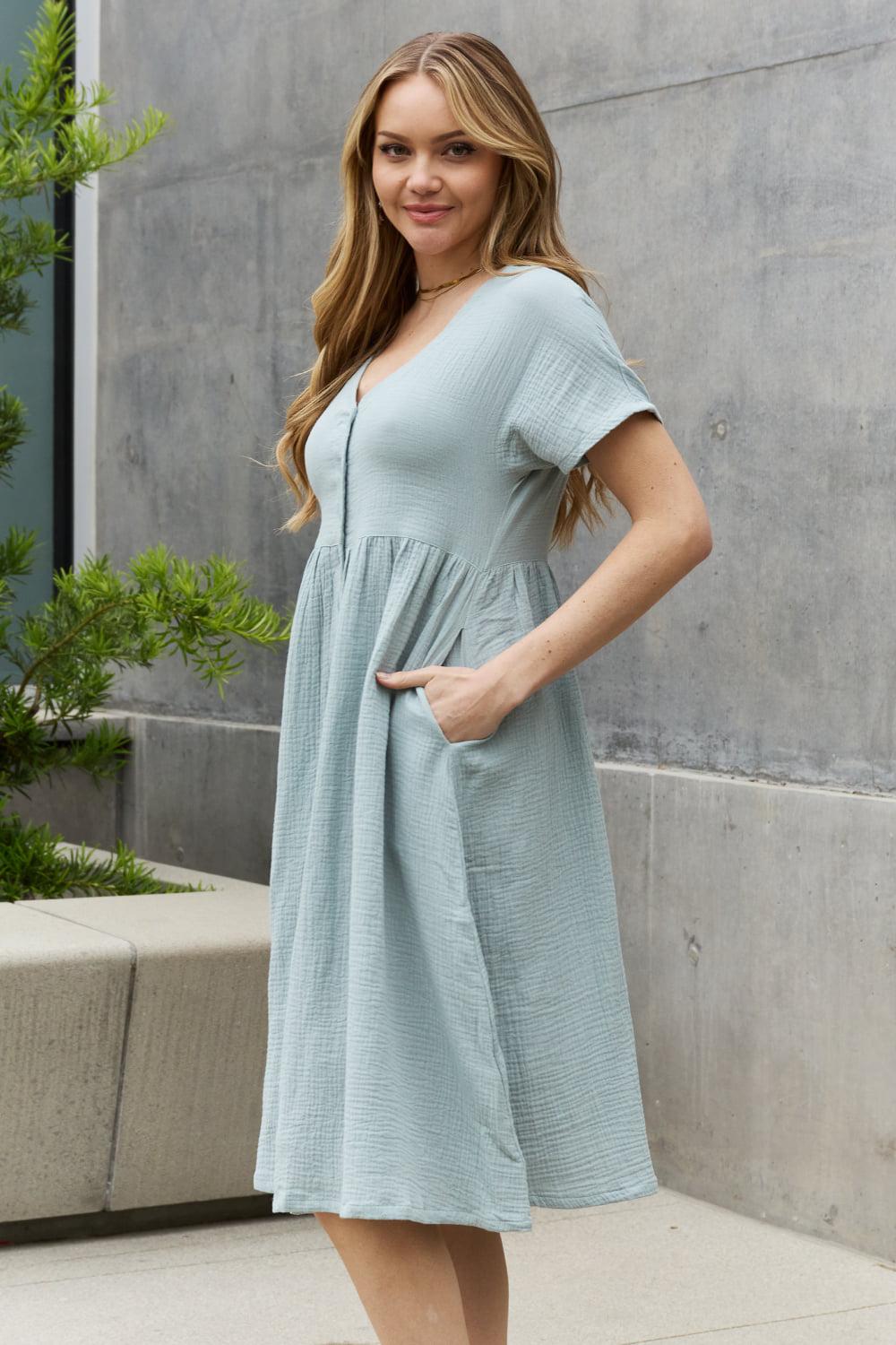 Sweet Lovely By Jen Full Size Button Down Midi Dress BLUE ZONE PLANET