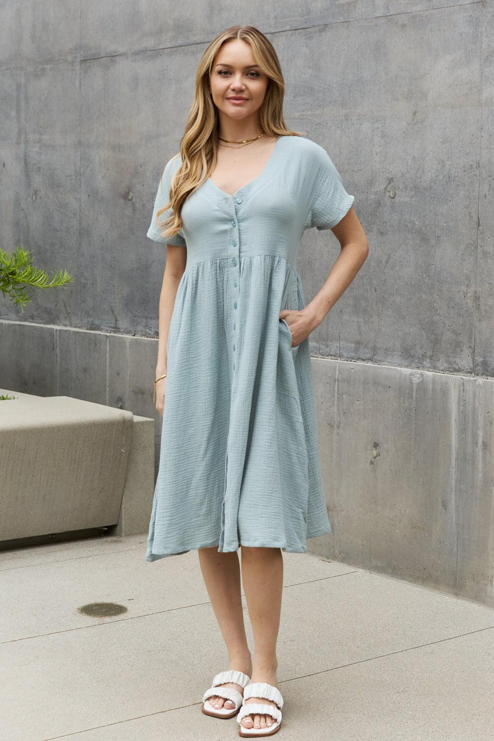 Sweet Lovely By Jen Full Size Button Down Midi Dress BLUE ZONE PLANET