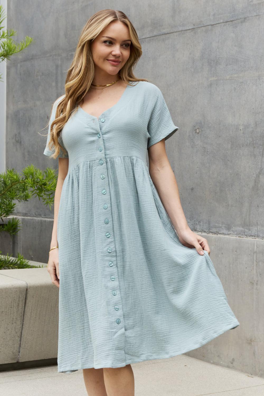 Sweet Lovely By Jen Full Size Button Down Midi Dress BLUE ZONE PLANET