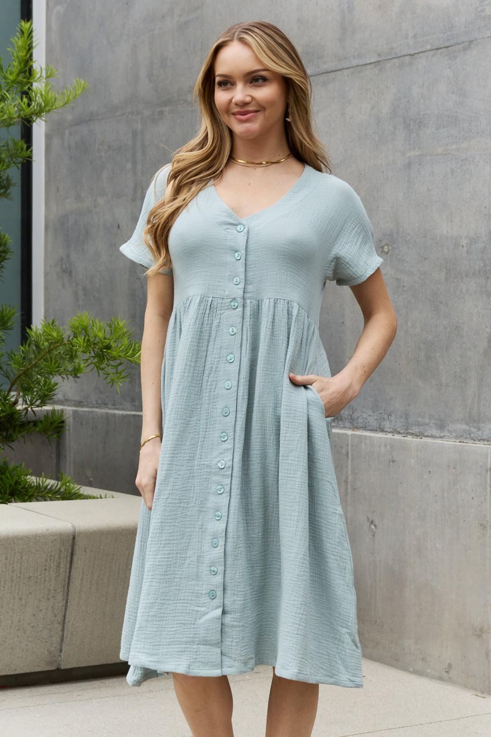 Sweet Lovely By Jen Full Size Button Down Midi Dress BLUE ZONE PLANET