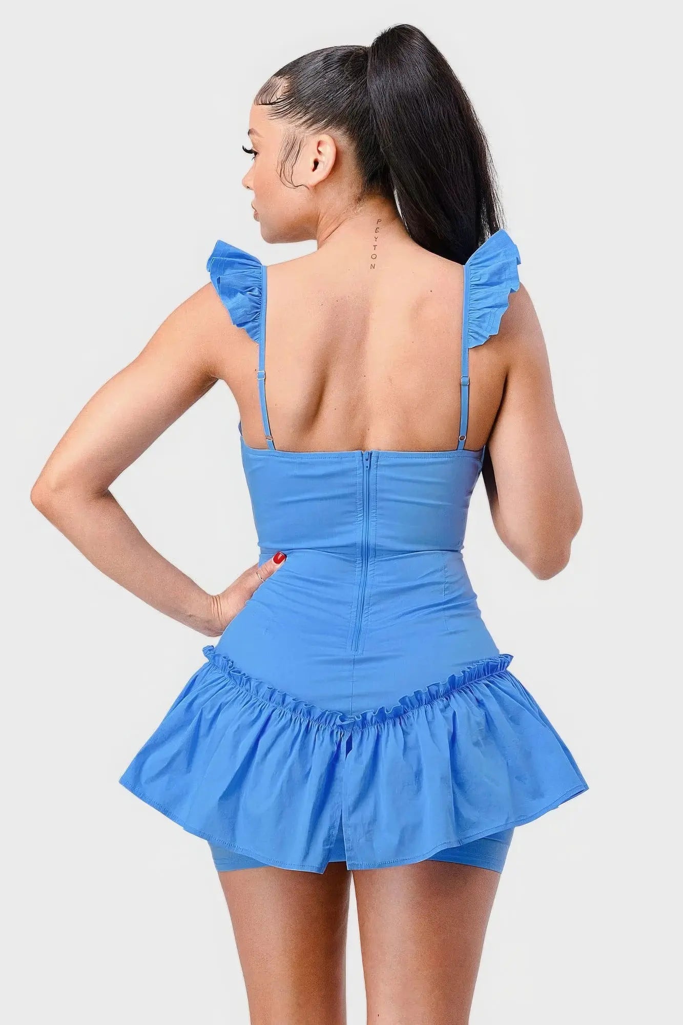 Sweetheart With Drawstring Bow Cutout Ruffled Flutter Sleeves Mini Dress Blue Zone Planet