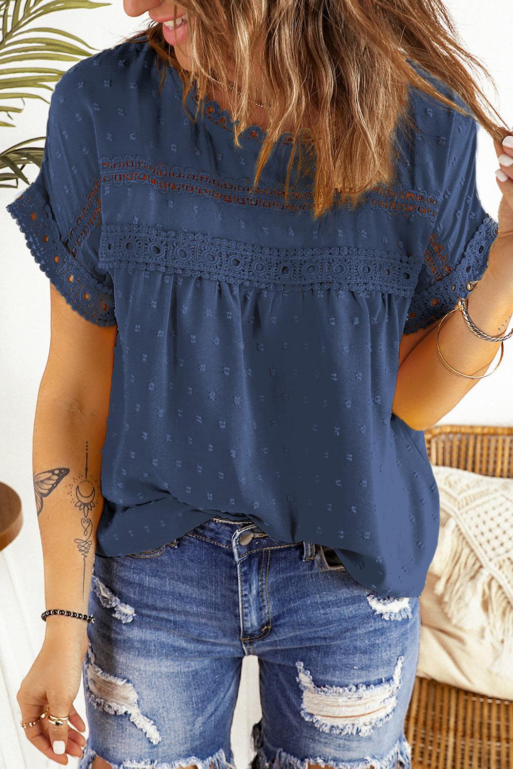 Swiss Dot Decorative Button Short Sleeve Blouse BLUE ZONE PLANET