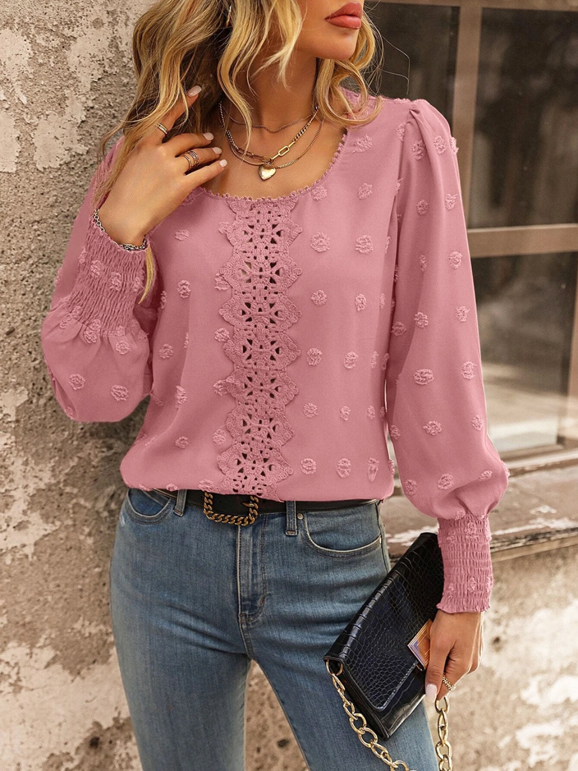 Swiss Dot Lace Detail Blouse BLUE ZONE PLANET