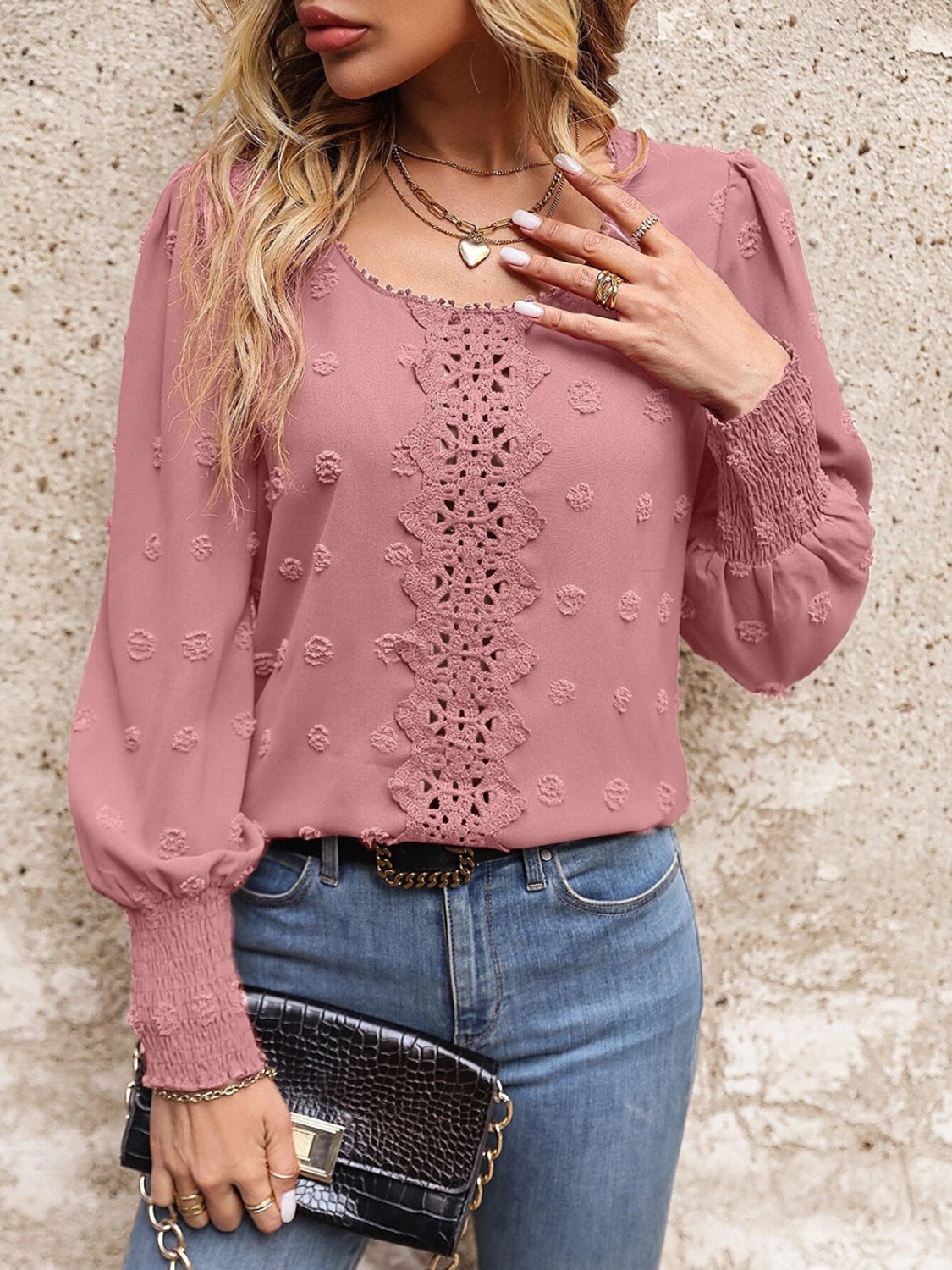 Swiss Dot Lace Detail Blouse BLUE ZONE PLANET