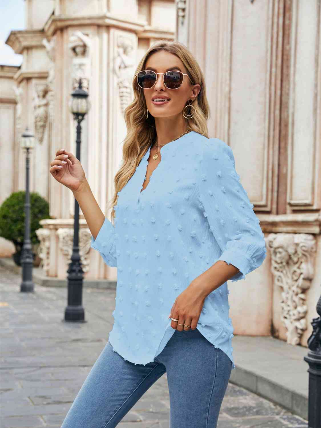 Swiss Dot Notched Neck Blouse BLUE ZONE PLANET