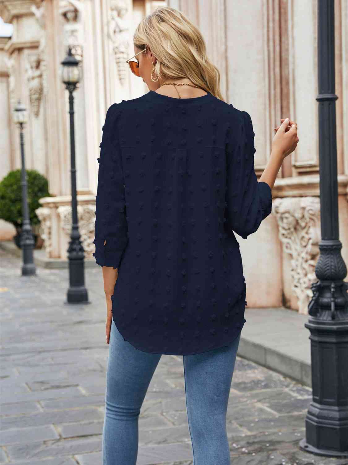 Swiss Dot Notched Neck Blouse BLUE ZONE PLANET