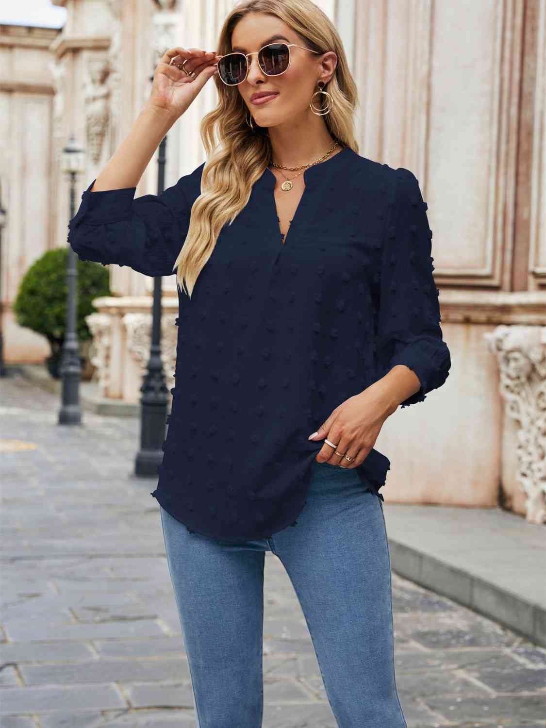 Swiss Dot Notched Neck Blouse BLUE ZONE PLANET