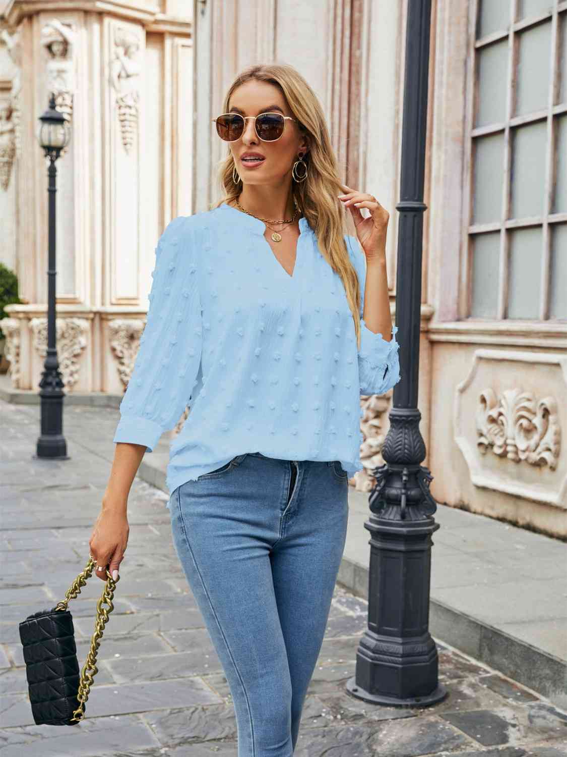 Swiss Dot Notched Neck Blouse BLUE ZONE PLANET