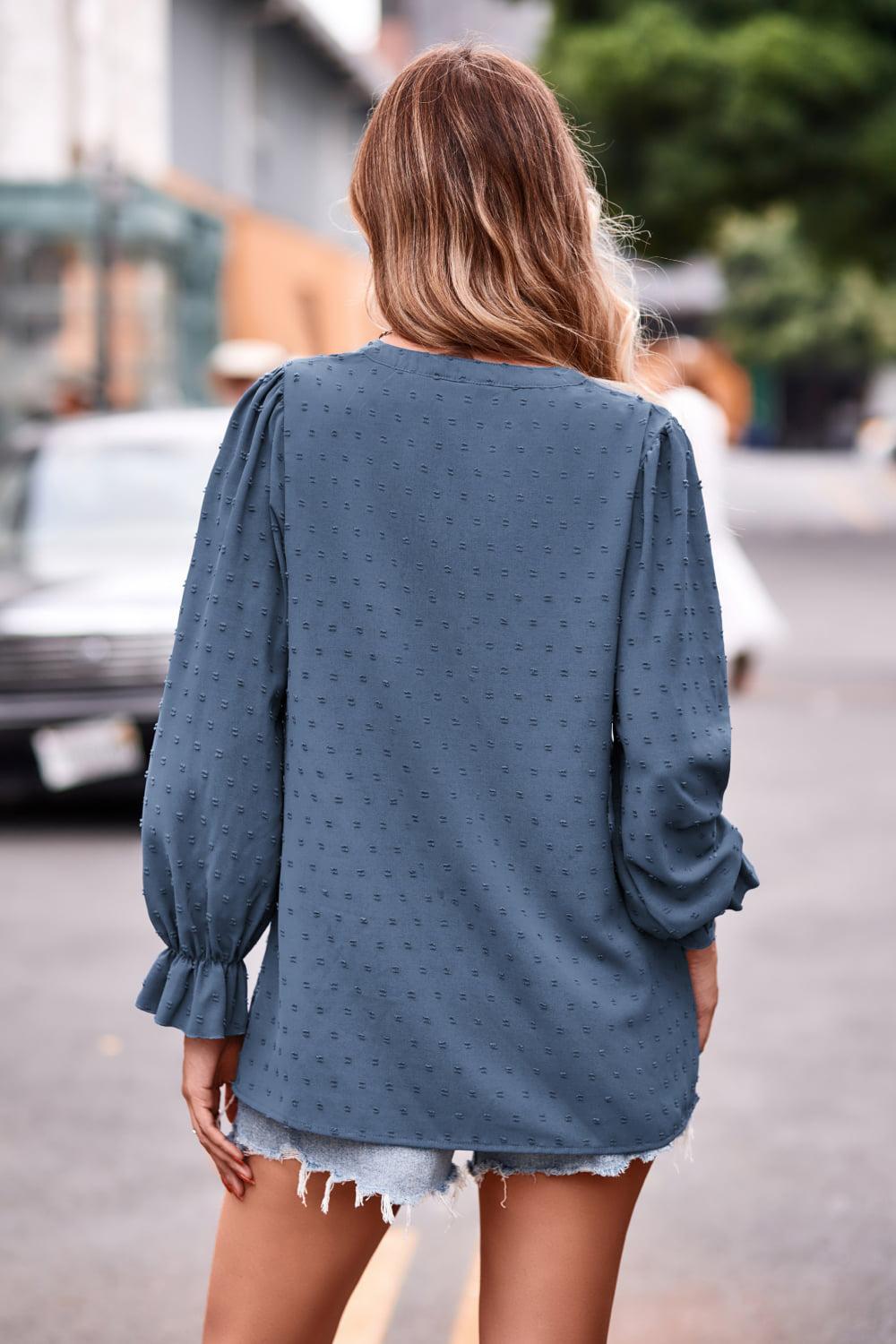 Swiss Dot Notched Neck Flounce Sleeve Blouse BLUE ZONE PLANET