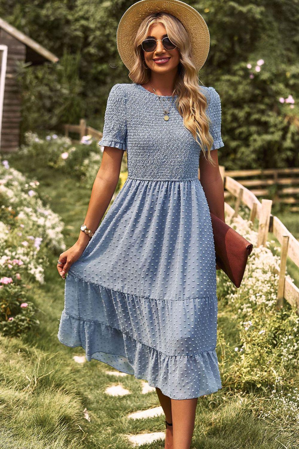 smocked short sleeve midi dress Swiss Dot Smocked Round Neck Short Sleeve Midi Dress