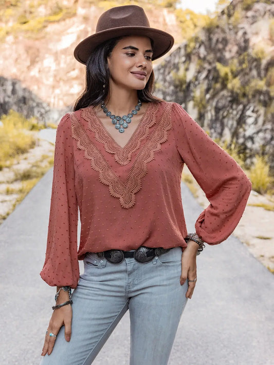 Swiss Dot V-Neck Blouse BLUE ZONE PLANET