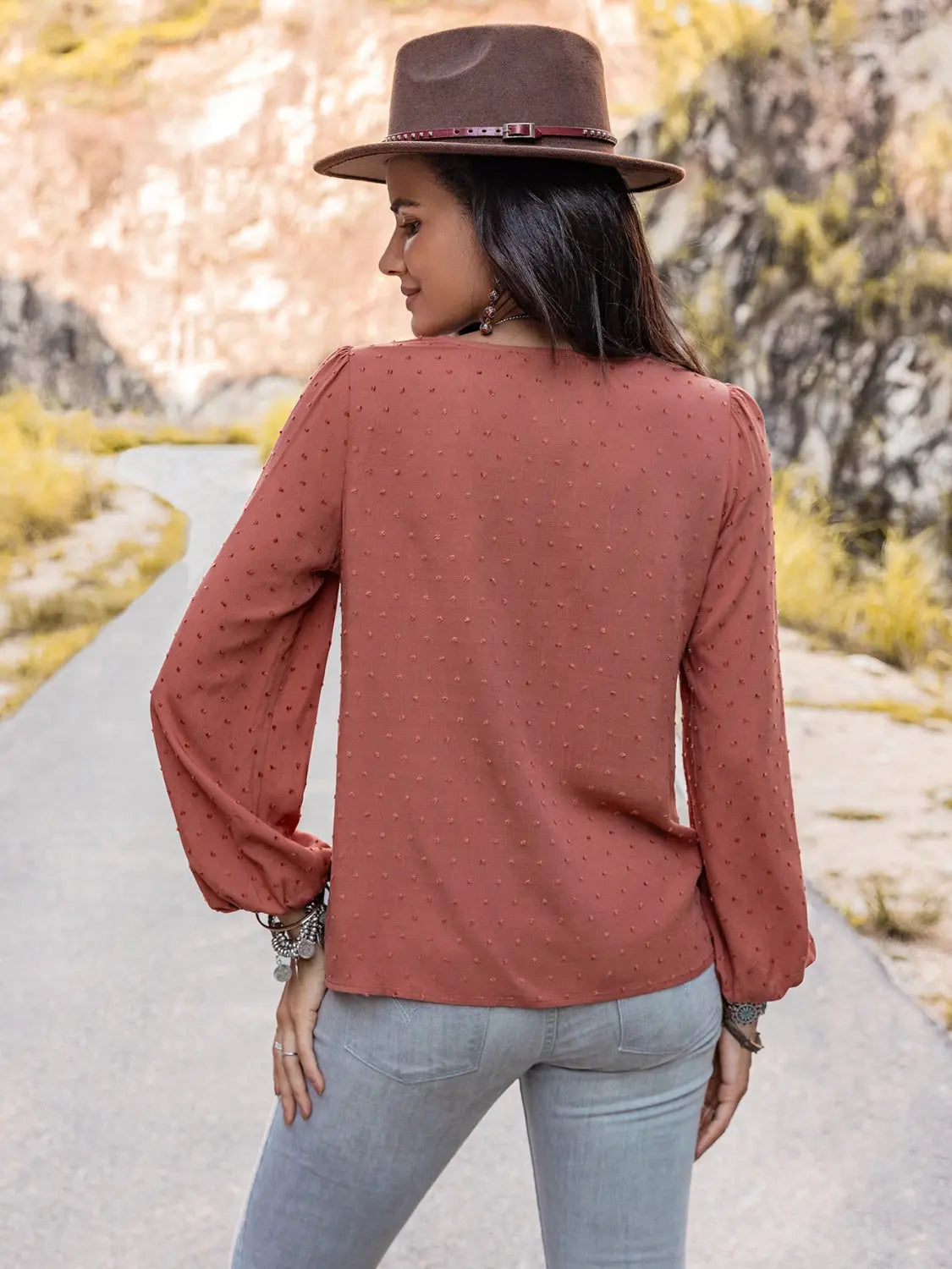 Swiss Dot V-Neck Blouse BLUE ZONE PLANET