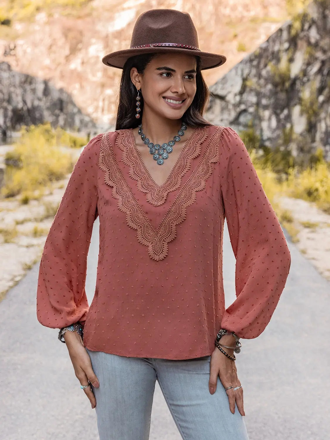 Swiss Dot V-Neck Blouse BLUE ZONE PLANET