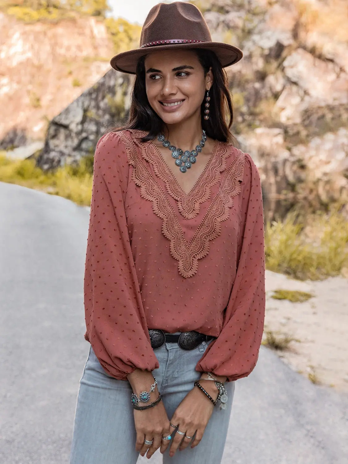 Swiss Dot V-Neck Blouse BLUE ZONE PLANET