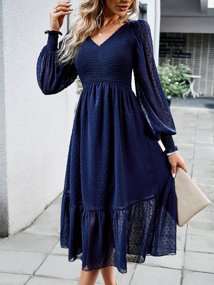 Swiss Dot V-Neck Flounce Sleeve Midi Dress BLUE ZONE PLANET