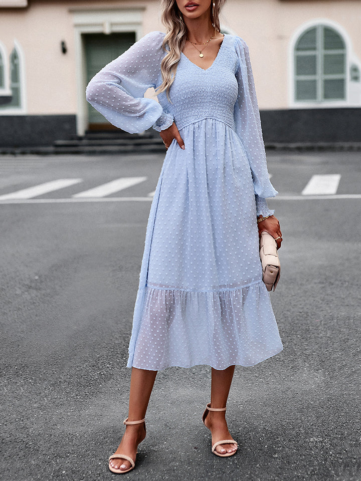 Swiss Dot V-Neck Flounce Sleeve Midi Dress BLUE ZONE PLANET