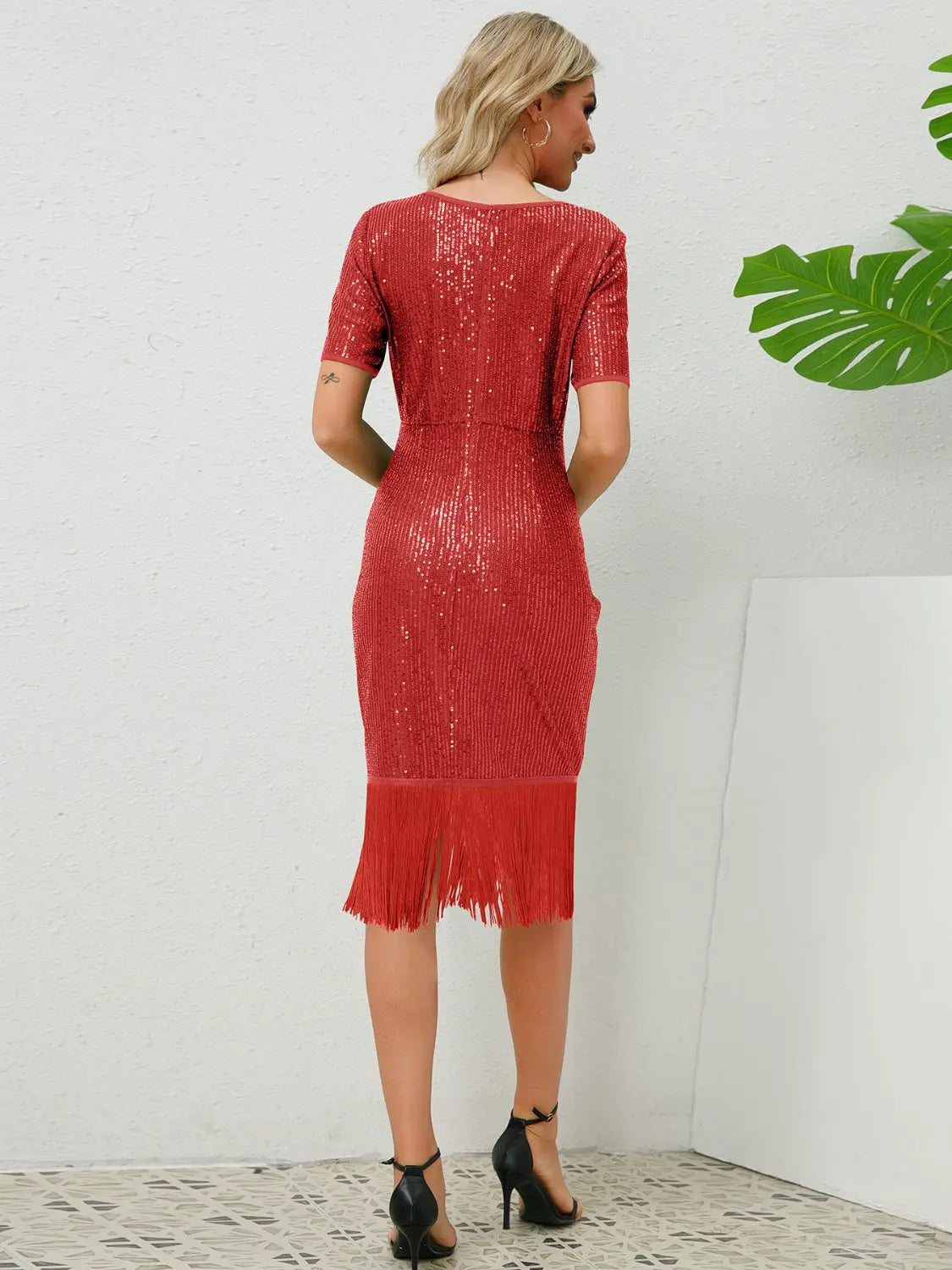 Tassel Sequin Short Sleeve Dress Trendsi