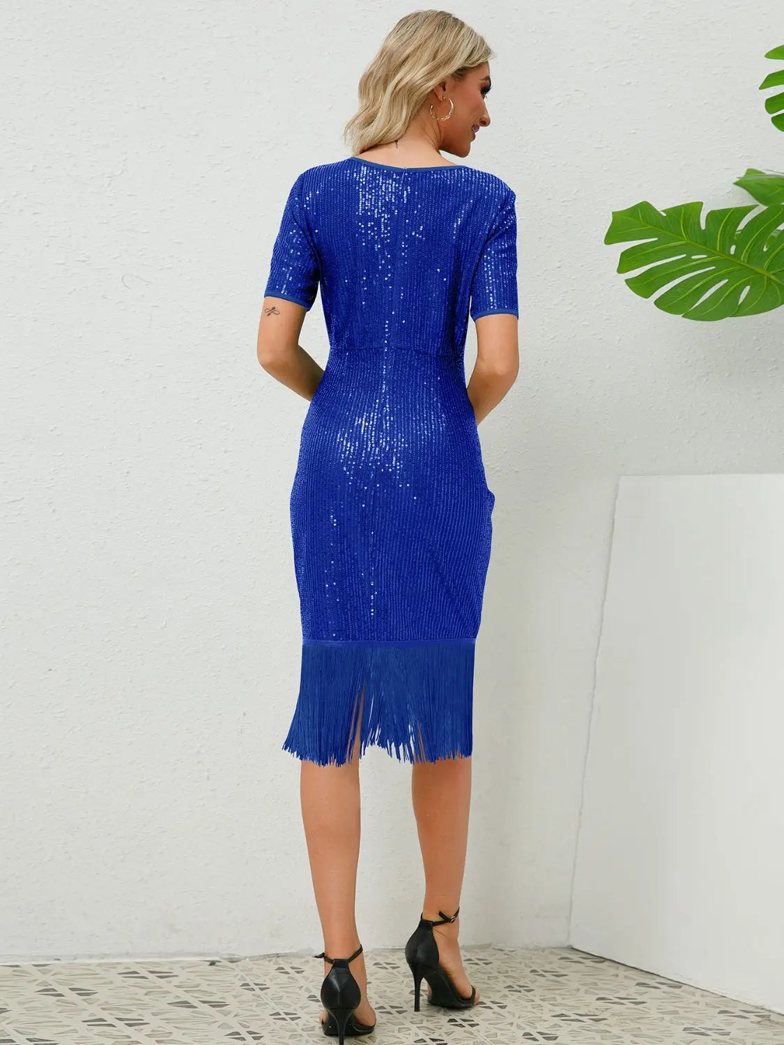 Tassel Sequin Short Sleeve Dress Trendsi