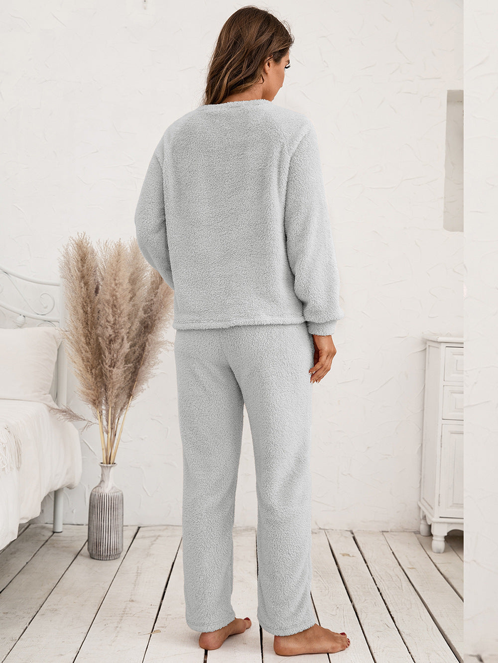 Teddy Long Sleeve Top and Pants Lounge Set BLUE ZONE PLANET