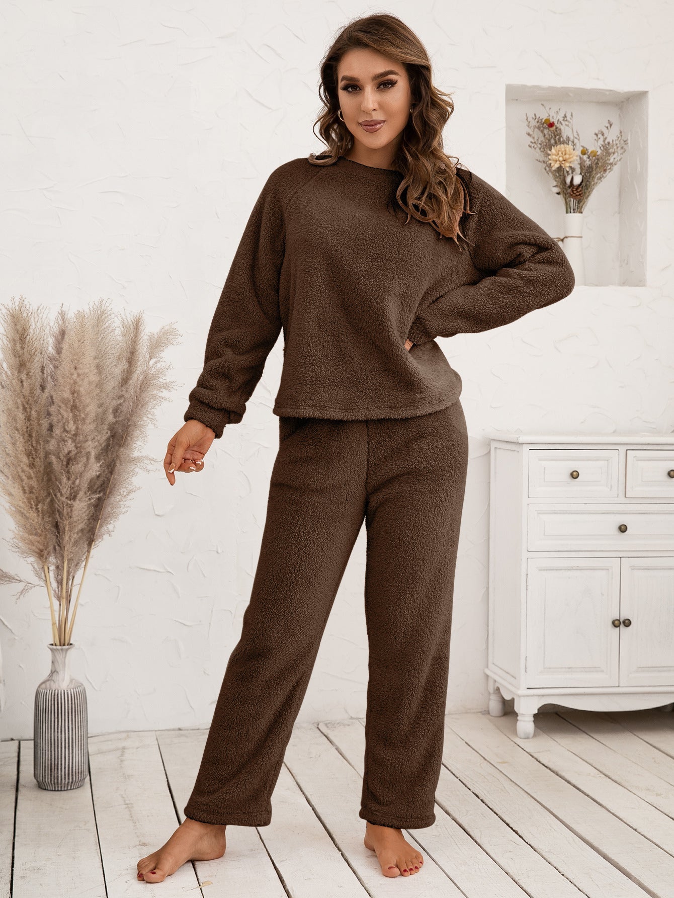 Teddy Long Sleeve Top and Pants Lounge Set BLUE ZONE PLANET