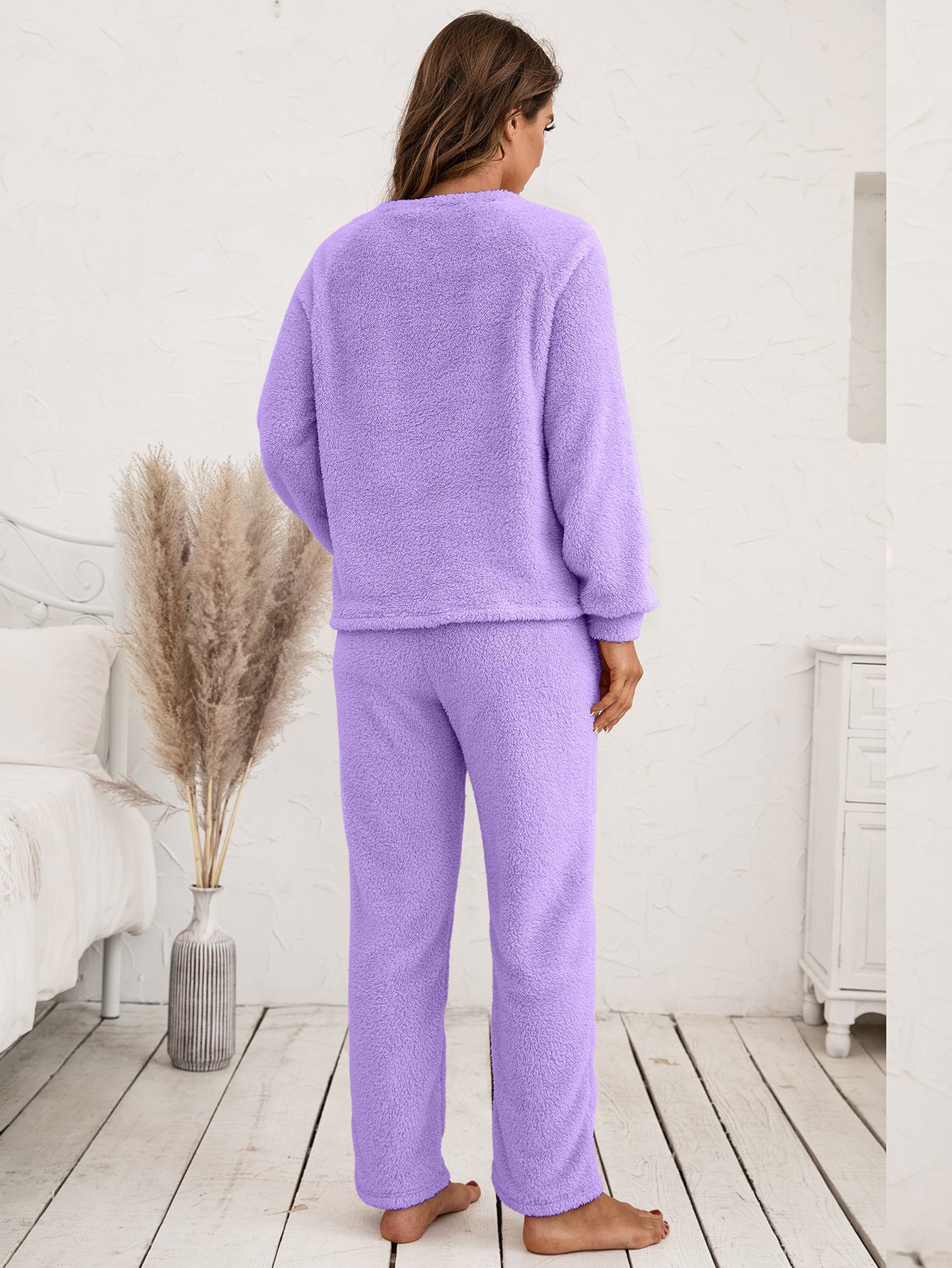 Teddy Long Sleeve Top and Pants Lounge Set BLUE ZONE PLANET