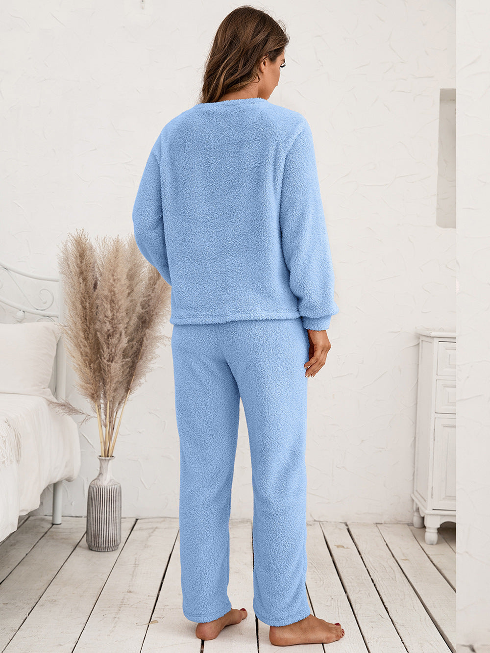 Teddy Long Sleeve Top and Pants Lounge Set BLUE ZONE PLANET