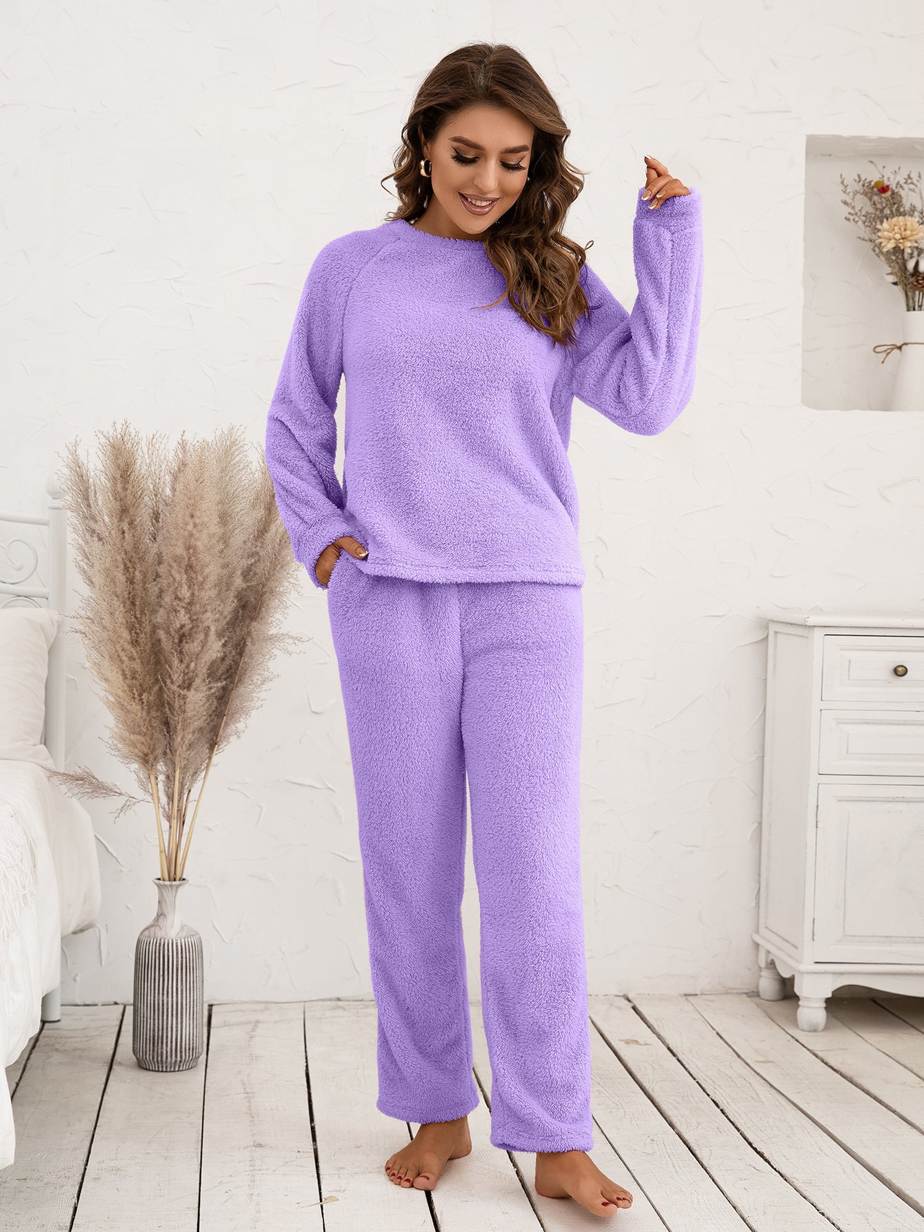 Teddy Long Sleeve Top and Pants Lounge Set BLUE ZONE PLANET