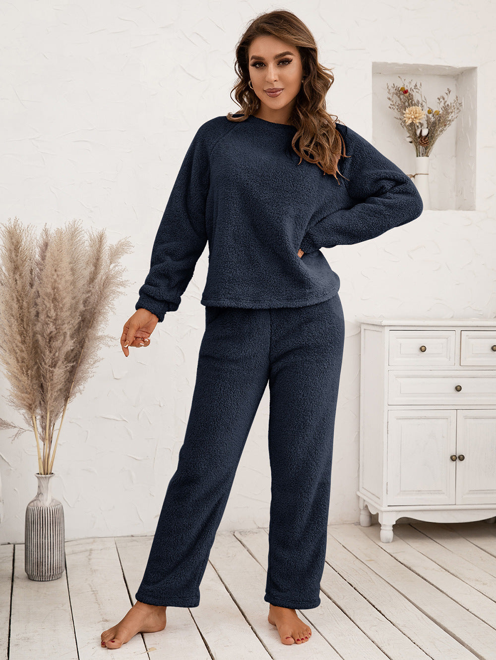 Teddy Long Sleeve Top and Pants Lounge Set BLUE ZONE PLANET