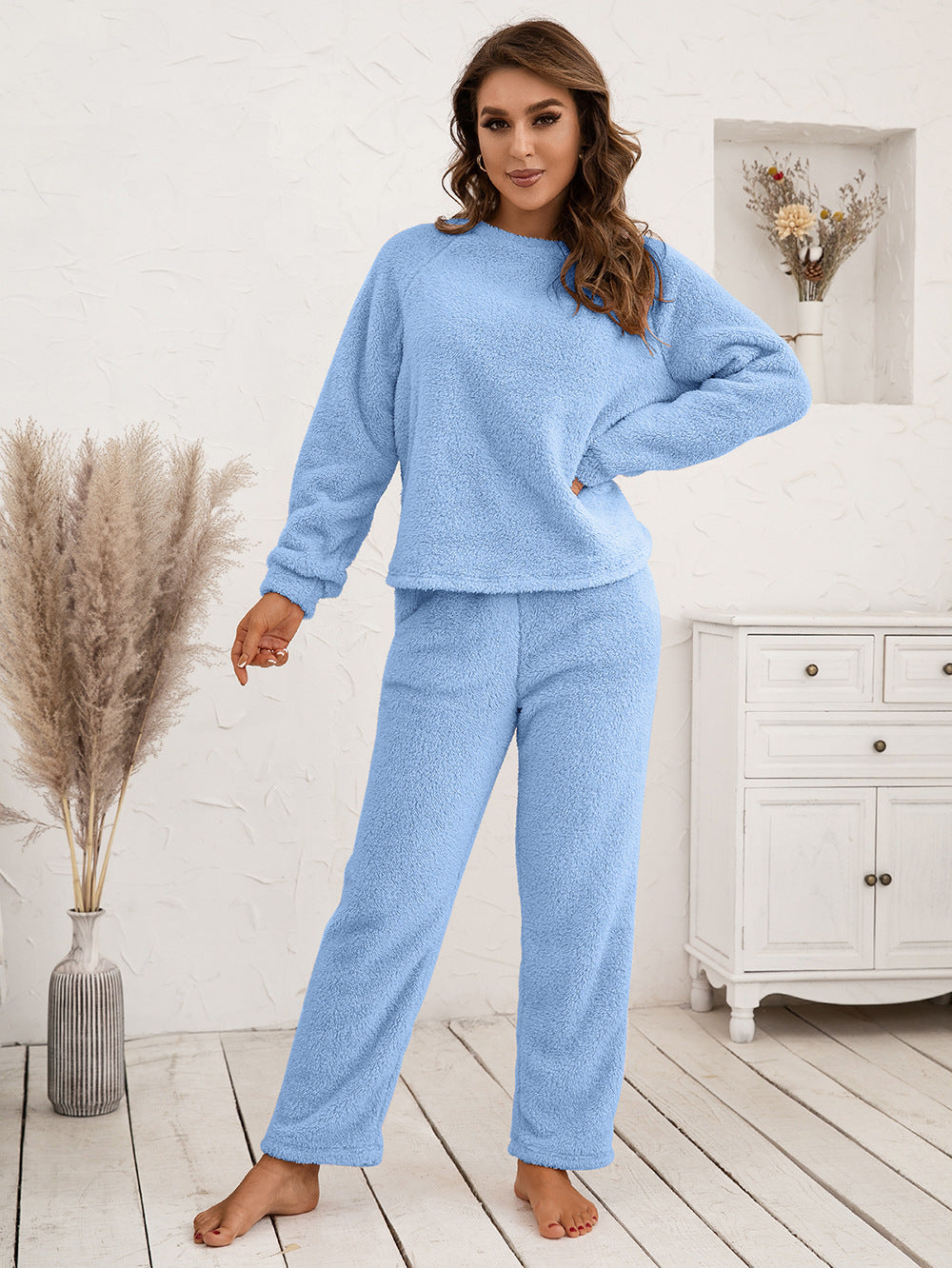 Teddy Long Sleeve Top and Pants Lounge Set BLUE ZONE PLANET